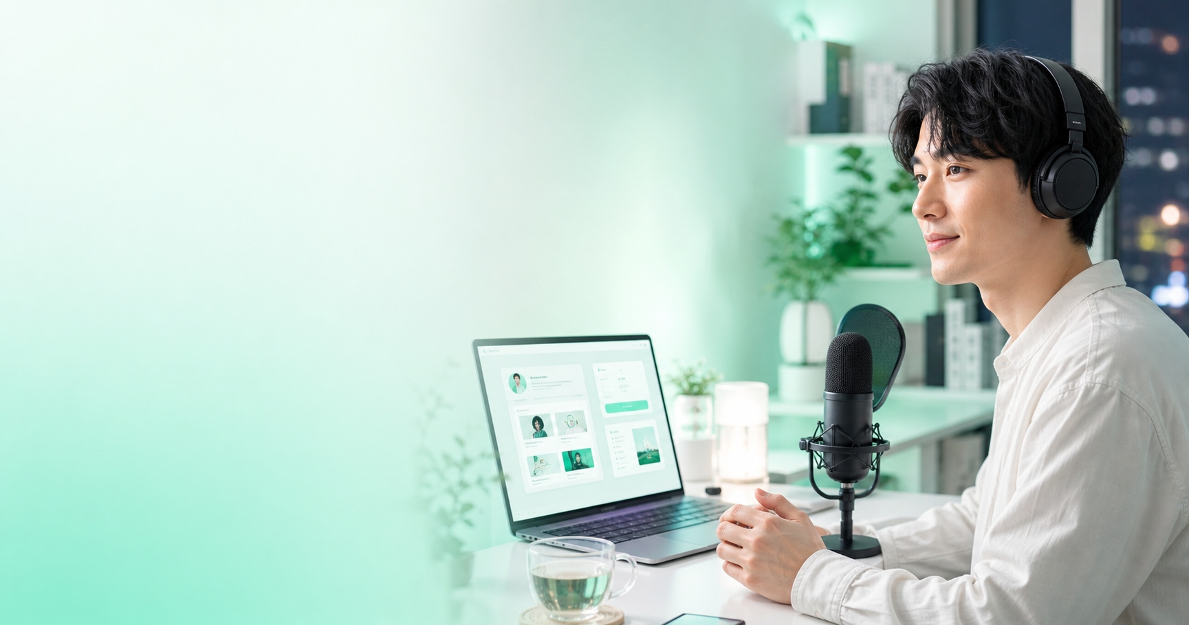 本職を終えた夜、自宅のデスクで声の名刺づくりをサッと終わらせる副業ボイスコのレン